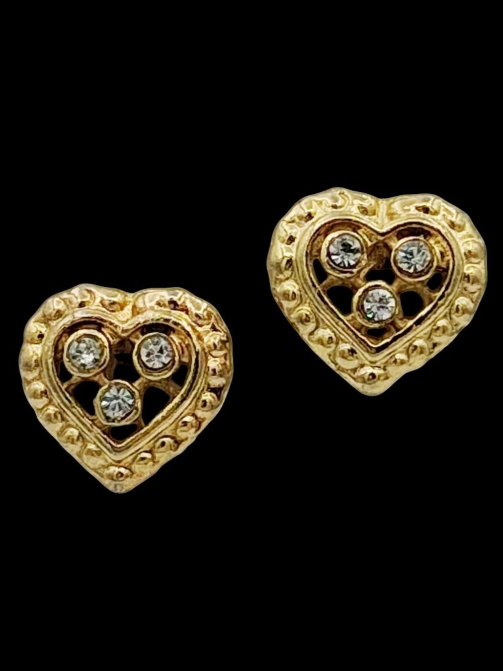 Crystal Heart Stud Earrings 1/2" Post Avon Backs Gold Tone